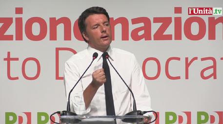 Il fermo immagine tratto da L'Unità.tv mostra il presidente del Consiglio, Matteo Renzi, durante il suo intervento alla direzione del Partito Democratico a Roma, 4 luglio 2016.