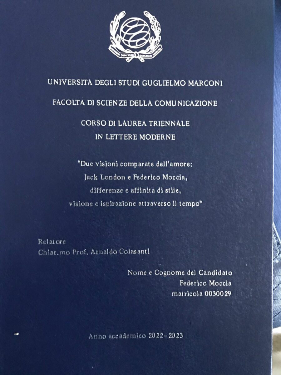 La copertina della tesi di laurea di Federico Moccia