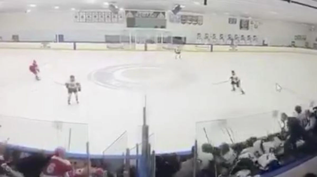 Partita di hockey su ghiaccio in arena con pubblico sugli spalti