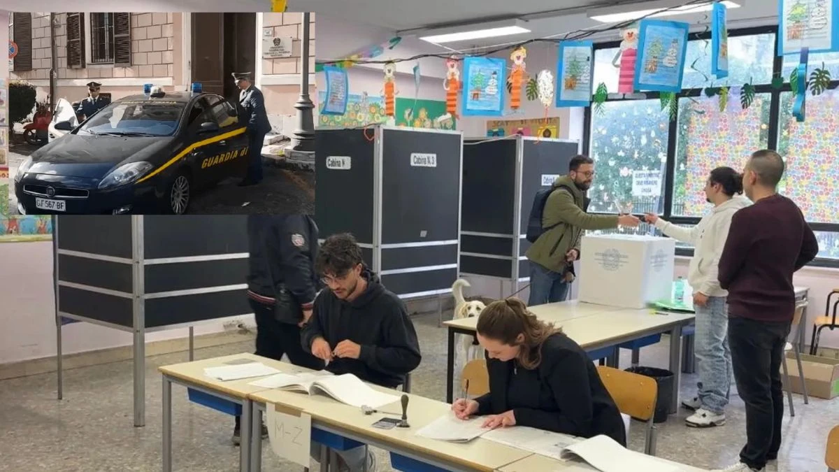 Interno seggio elettorale con elettore e operatori