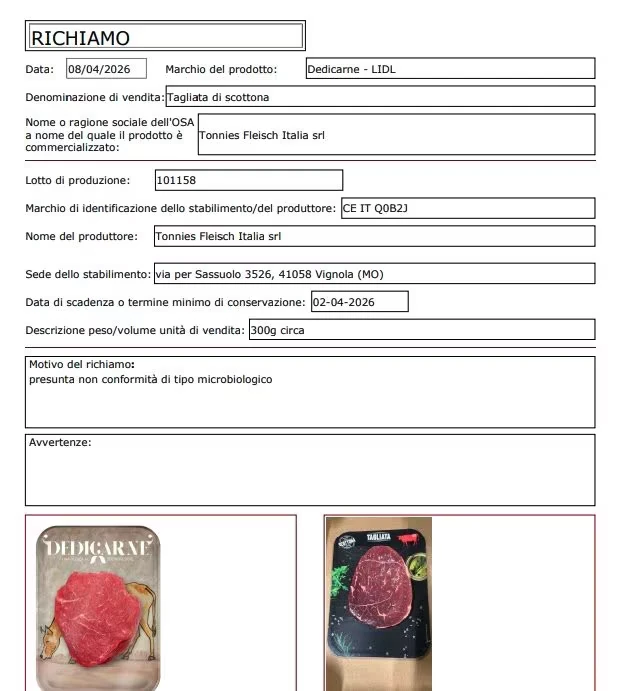 Confezione di tagliata di scottona oggetto del richiamo