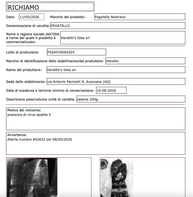Avviso di richiamo alimentare pubblicato dal Ministero della Salute