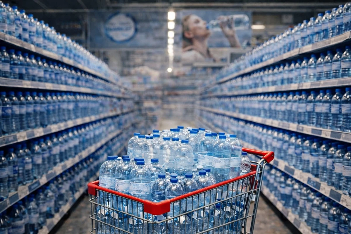 Bottiglie d'acqua minerale in confezione con maniglia