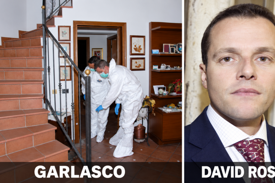 Collage: accertamenti nella casa di Garlasco e ritratto di David Rossi