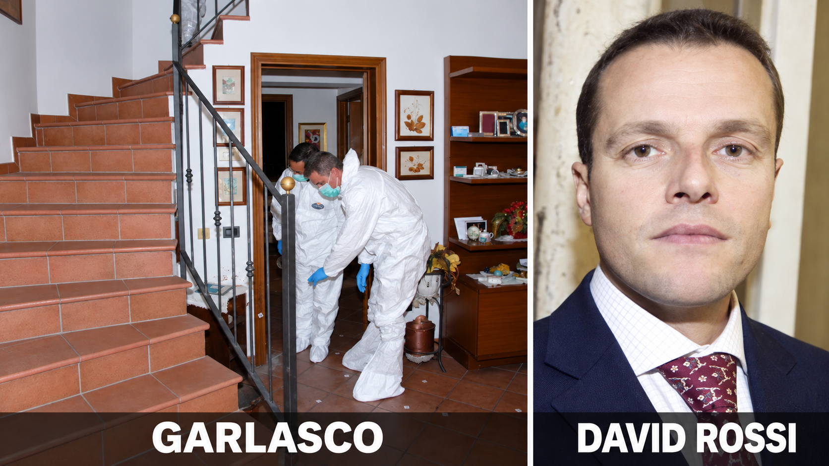 Collage: accertamenti nella casa di Garlasco e ritratto di David Rossi